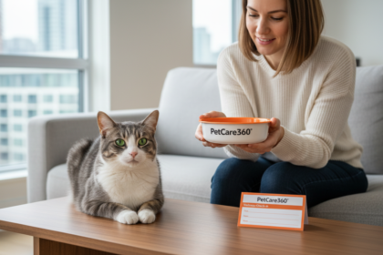 Photorealistic image of a 2-year-old domestic shorthair cat and caring provider in a modern Toronto home with PetCare360 branding.