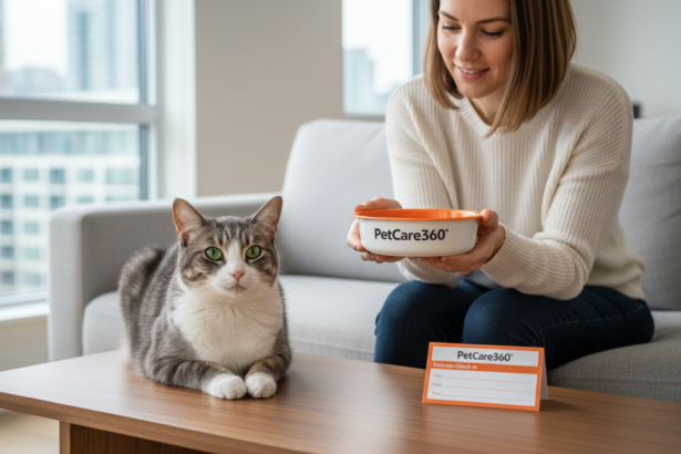 Photorealistic image of a 2-year-old domestic shorthair cat and caring provider in a modern Toronto home with PetCare360 branding.