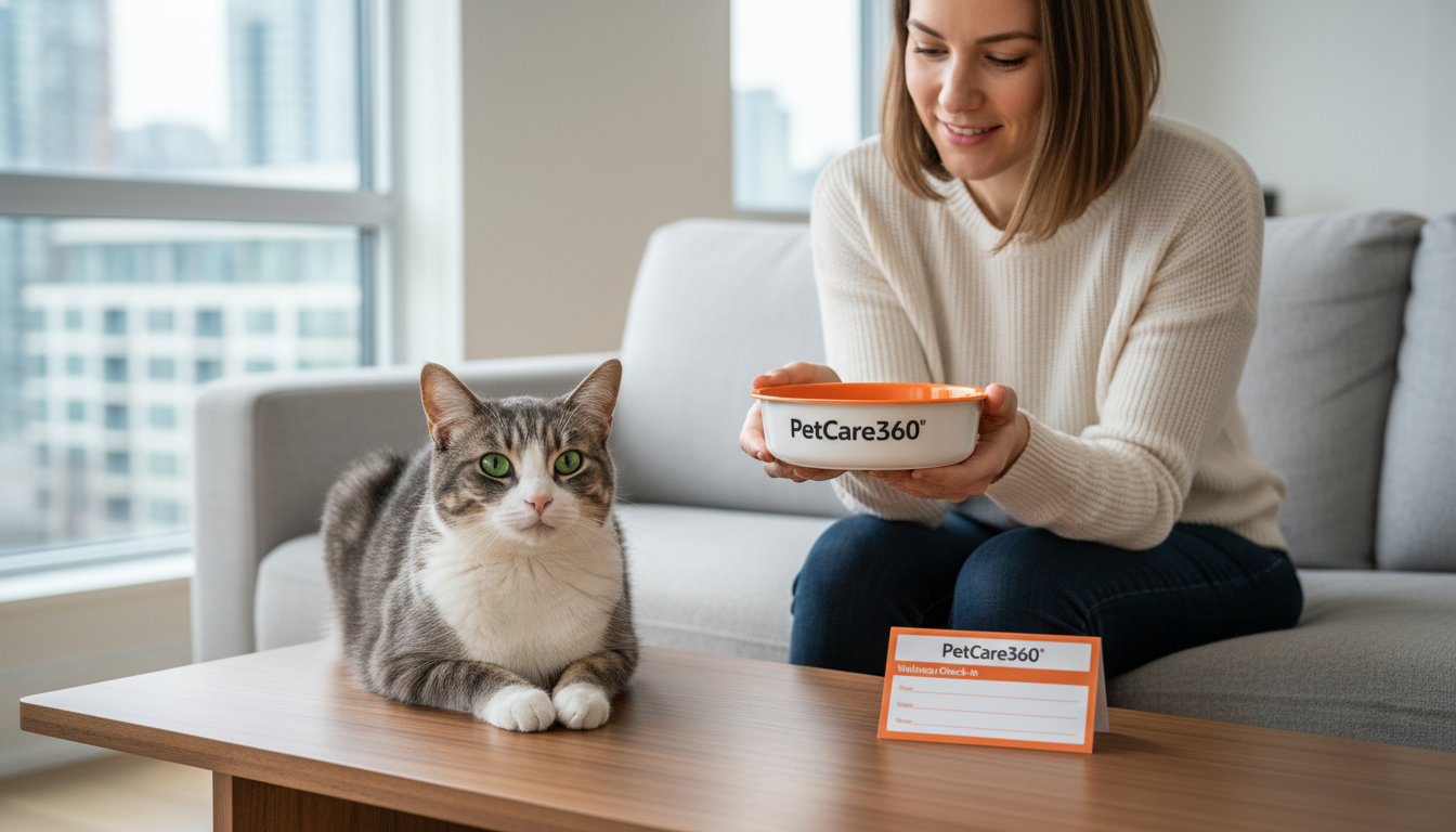 Photorealistic image of a 2-year-old domestic shorthair cat and caring provider in a modern Toronto home with PetCare360 branding.