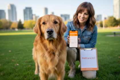 3-year-old golden retriever on a midday potty break with caretaker in a Toronto park and PetCare360 branding visible.