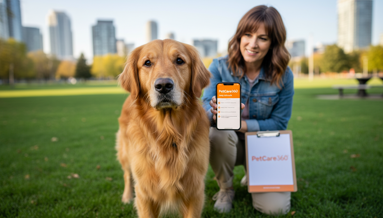 3-year-old golden retriever on a midday potty break with caretaker in a Toronto park and PetCare360 branding visible.