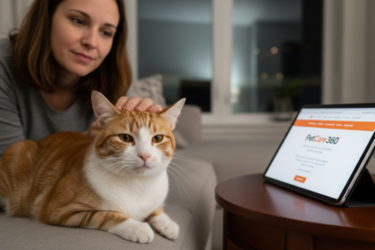 Domestic shorthair cat with orange and white coat and caregiver in a cozy Toronto living room with clear PetCare360 branding on a tablet.