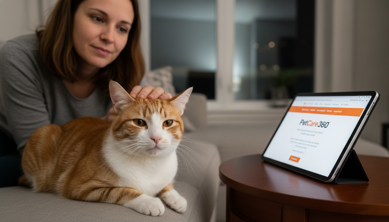 Domestic shorthair cat with orange and white coat and caregiver in a cozy Toronto living room with clear PetCare360 branding on a tablet.