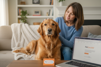 Golden retriever receiving gentle petting by a sitter in a cozy Toronto home with clear PetCare360 branding visible.