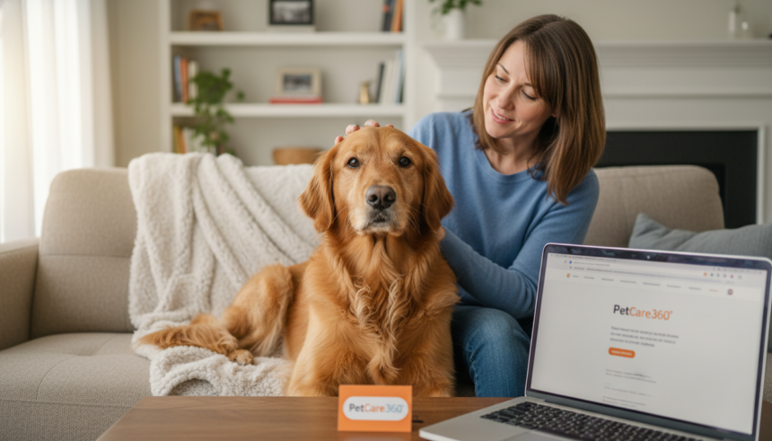 Golden retriever receiving gentle petting by a sitter in a cozy Toronto home with clear PetCare360 branding visible.