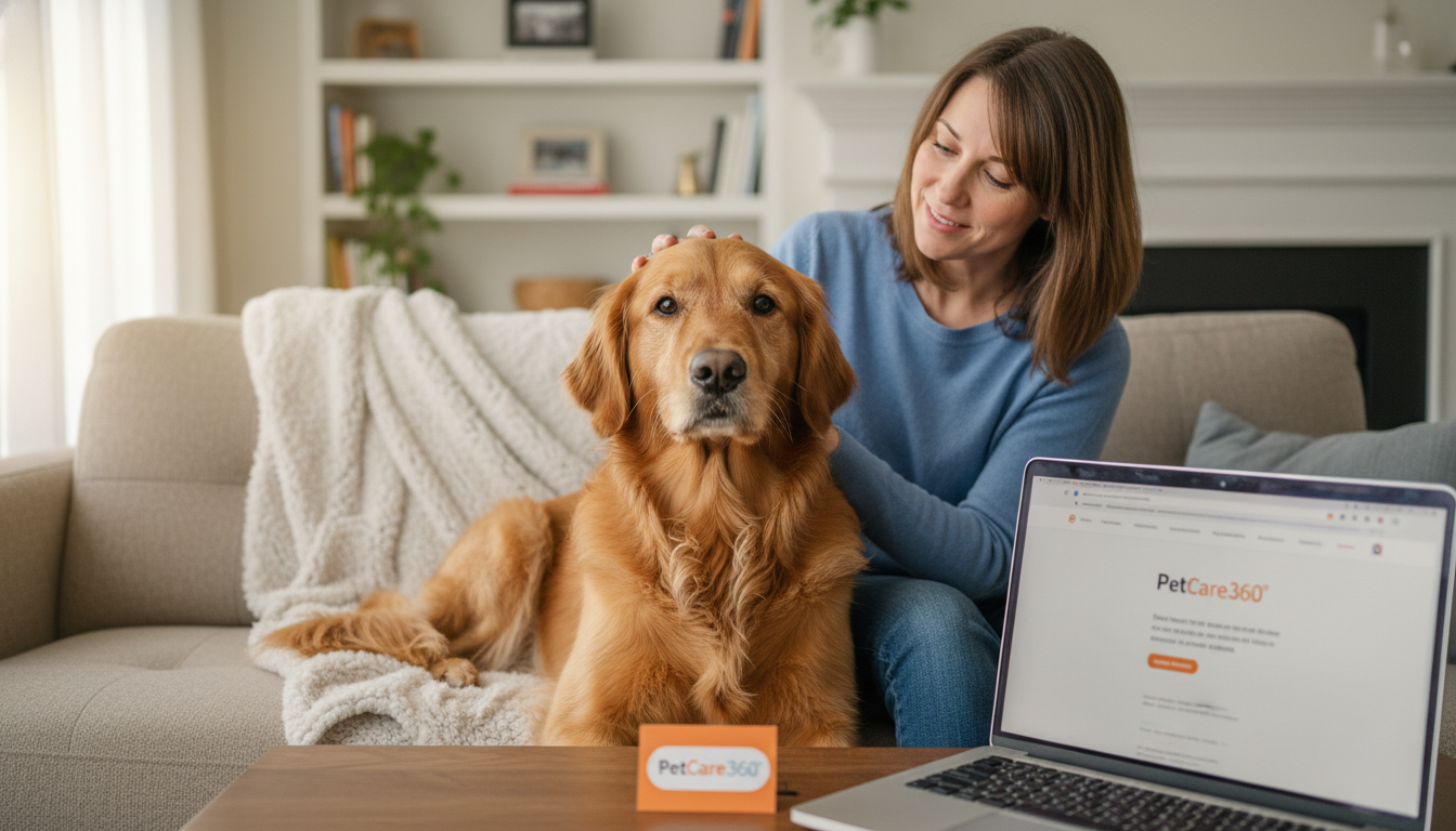 Golden retriever receiving gentle petting by a sitter in a cozy Toronto home with clear PetCare360 branding visible.