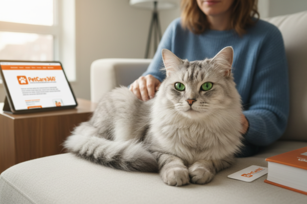 3-year-old domestic long-haired cat and caring woman in cozy Toronto living room with sharp PetCare360 tablet branding.