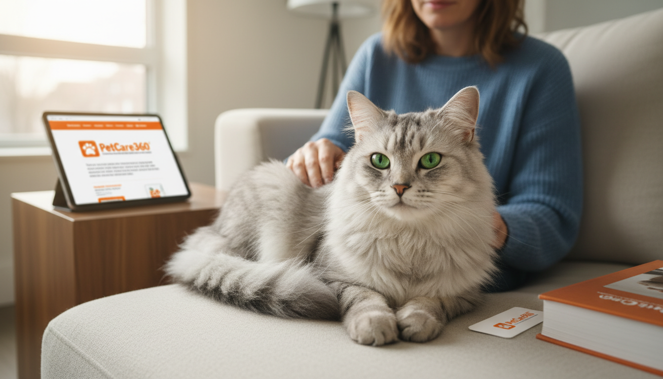3-year-old domestic long-haired cat and caring woman in cozy Toronto living room with sharp PetCare360 tablet branding.