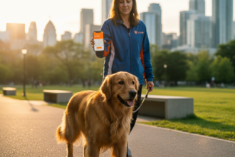 Professional dog walker with golden retriever in a Toronto park displaying PetCare360 app on smartphone with clear branding.