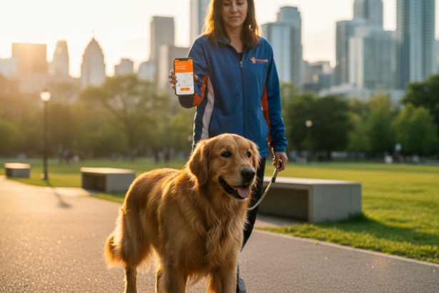 Professional dog walker with golden retriever in a Toronto park displaying PetCare360 app on smartphone with clear branding.