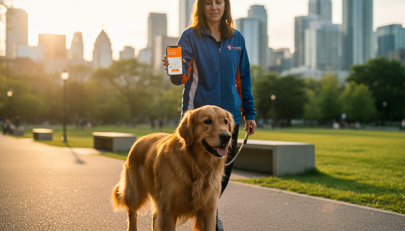 Professional dog walker with golden retriever in a Toronto park displaying PetCare360 app on smartphone with clear branding.