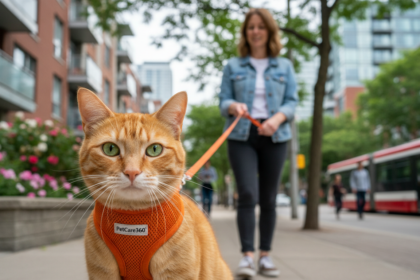 Domestic shorthair orange tabby cat on leash in Toronto with caring owner and clear PetCare360 branding.