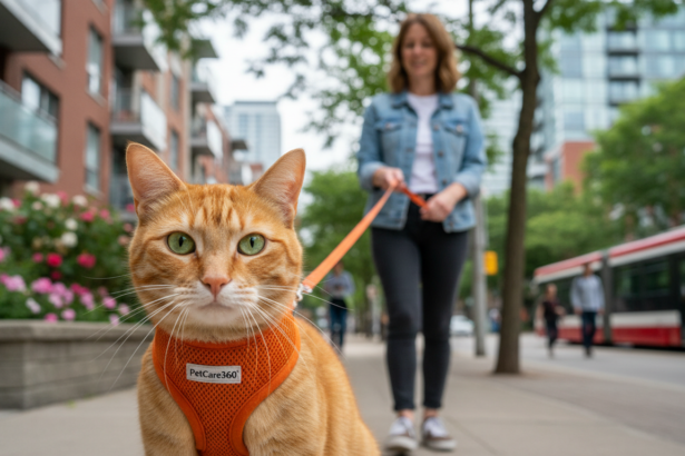Domestic shorthair orange tabby cat on leash in Toronto with caring owner and clear PetCare360 branding.