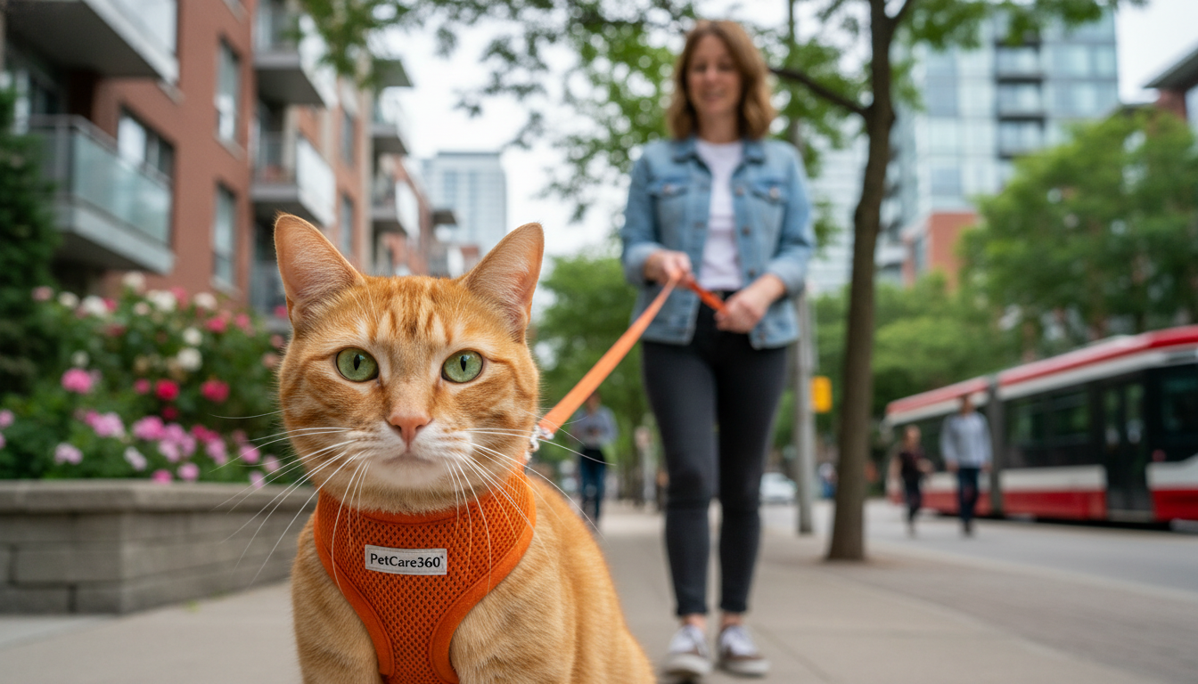 Domestic shorthair orange tabby cat on leash in Toronto with caring owner and clear PetCare360 branding.