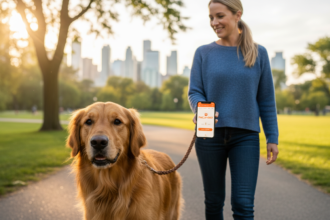 Golden retriever on a consistent walk in a Toronto park with a smartphone showing clear PetCare360 branding.
