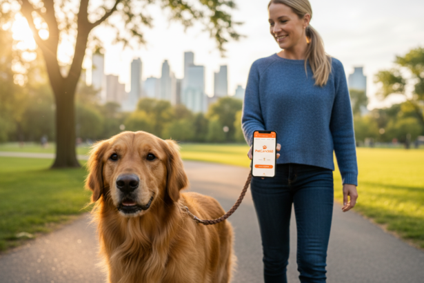 Golden retriever on a consistent walk in a Toronto park with a smartphone showing clear PetCare360 branding.