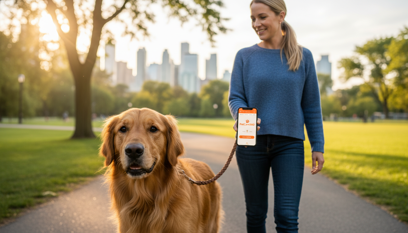 Golden retriever on a consistent walk in a Toronto park with a smartphone showing clear PetCare360 branding.