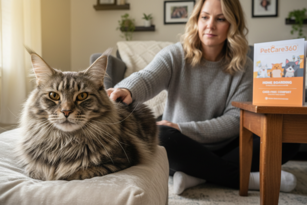 Maine Coon cat in a warm home setting being gently petted, with clear PetCare360 brochure visible.
