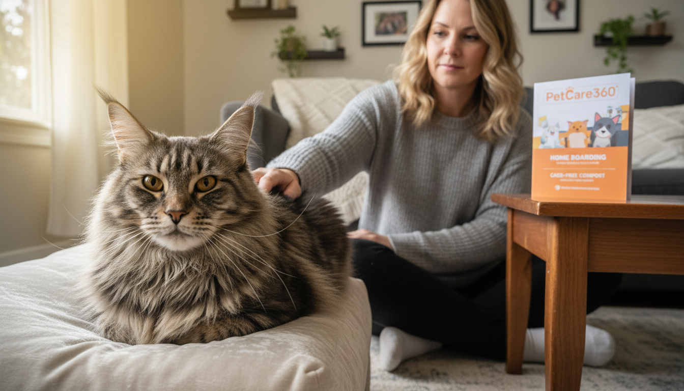 Maine Coon cat in a warm home setting being gently petted, with clear PetCare360 brochure visible.