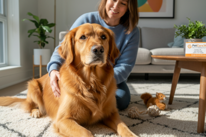 Golden retriever receiving in-home care from a caring sitter in a cozy Toronto living room with PetCare360 branding.