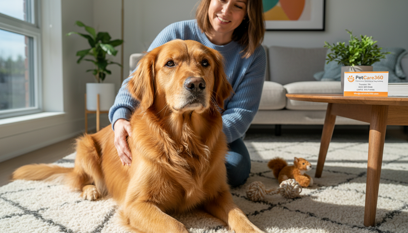 Golden retriever receiving in-home care from a caring sitter in a cozy Toronto living room with PetCare360 branding.