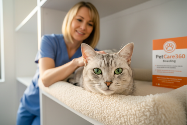 3-year-old silver tabby cat Luna in a modern Toronto boarding facility with clear PetCare360 brochure.