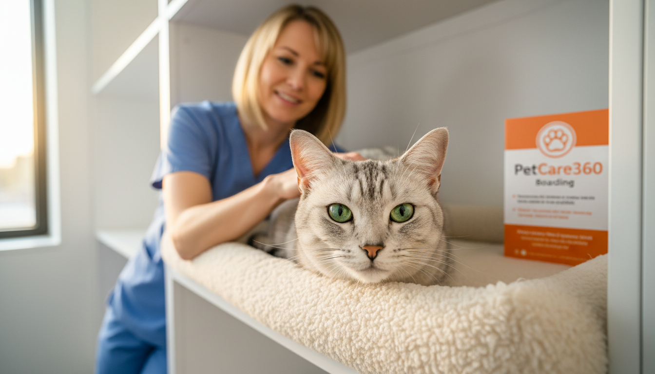 3-year-old silver tabby cat Luna in a modern Toronto boarding facility with clear PetCare360 brochure.