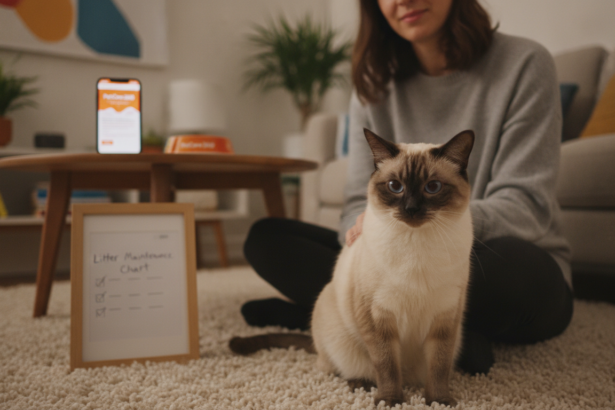Siamese cat being lovingly petted by a caring sitter in a modern home with clear PetCare360 branding visible on a smartphone.