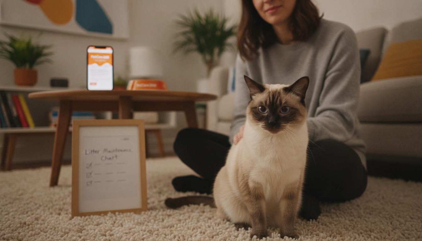 Siamese cat being lovingly petted by a caring sitter in a modern home with clear PetCare360 branding visible on a smartphone.
