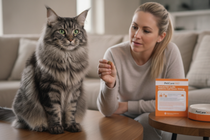 3-year-old Maine Coon cat with lush tabby fur and bright green eyes interacting with a caring sitter in a cozy home.