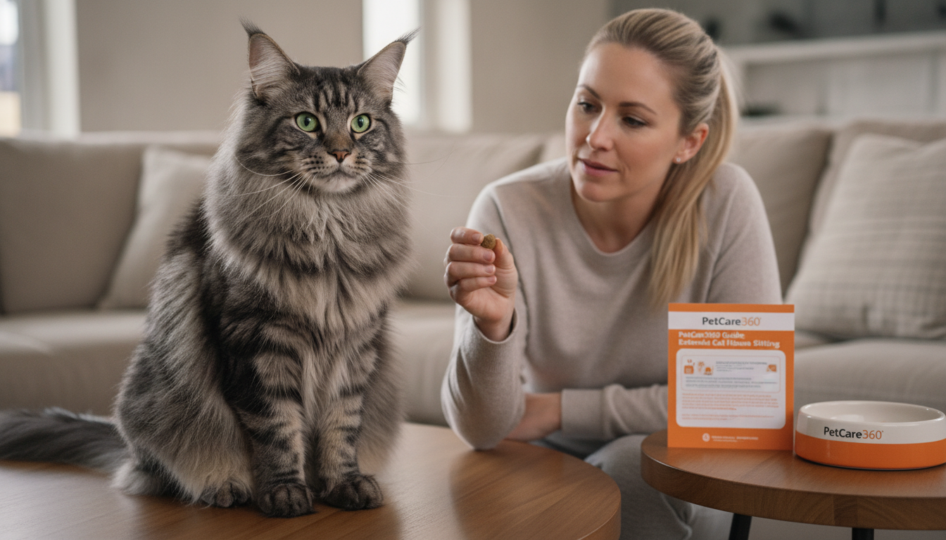 3-year-old Maine Coon cat with lush tabby fur and bright green eyes interacting with a caring sitter in a cozy home.