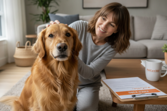 Golden retriever and friendly sitter in a bright Toronto home with clear PetCare360 branding visible.