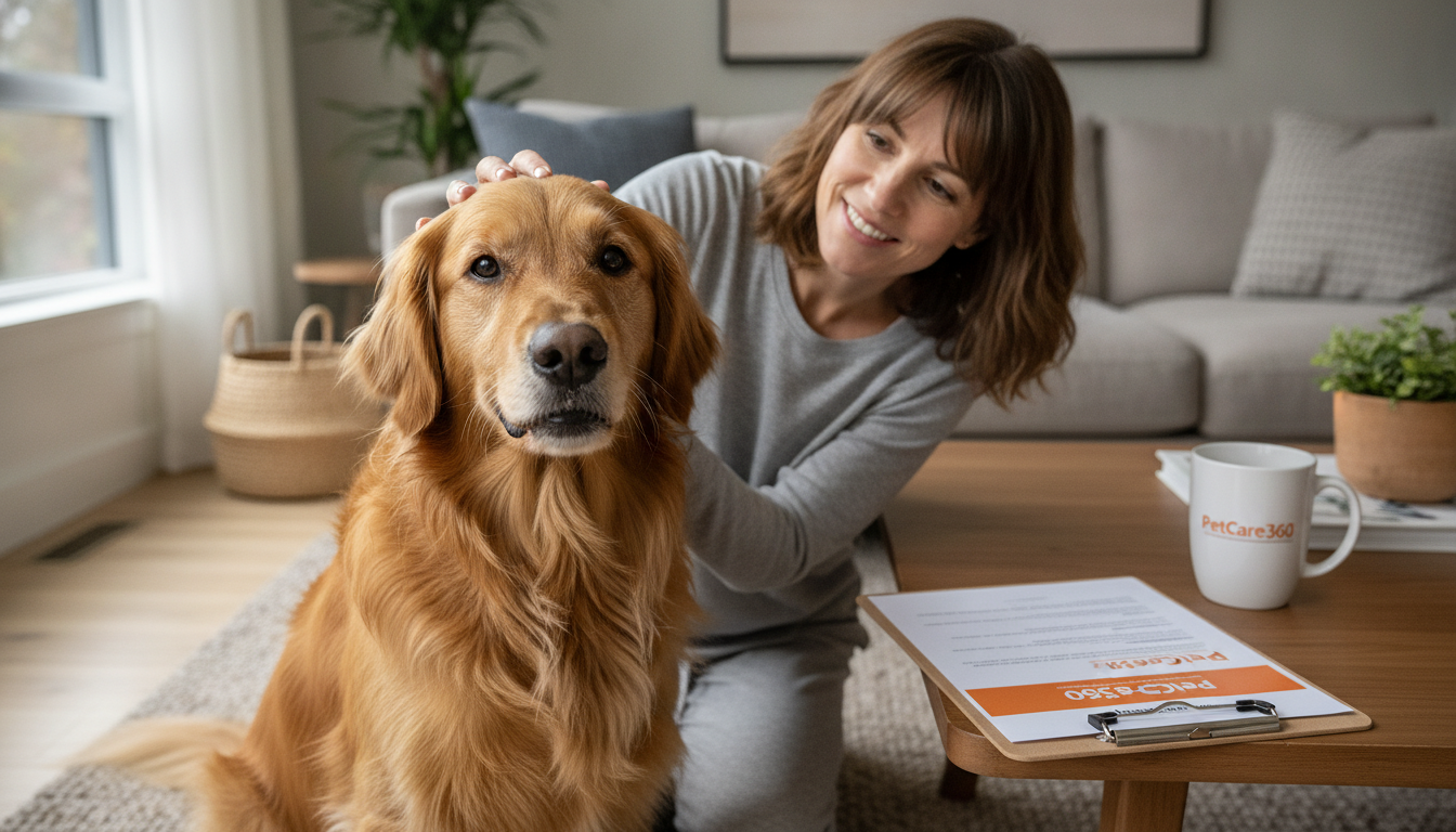 Golden retriever and friendly sitter in a bright Toronto home with clear PetCare360 branding visible.