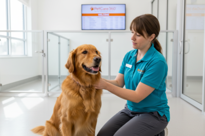 A 3-year-old golden retriever in a secure, modern boarding facility with a caring professional and clear PetCare360 branding.