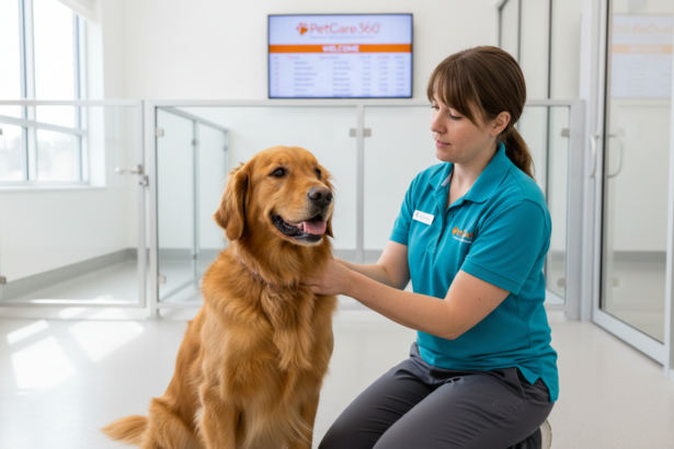 A 3-year-old golden retriever in a secure, modern boarding facility with a caring professional and clear PetCare360 branding.