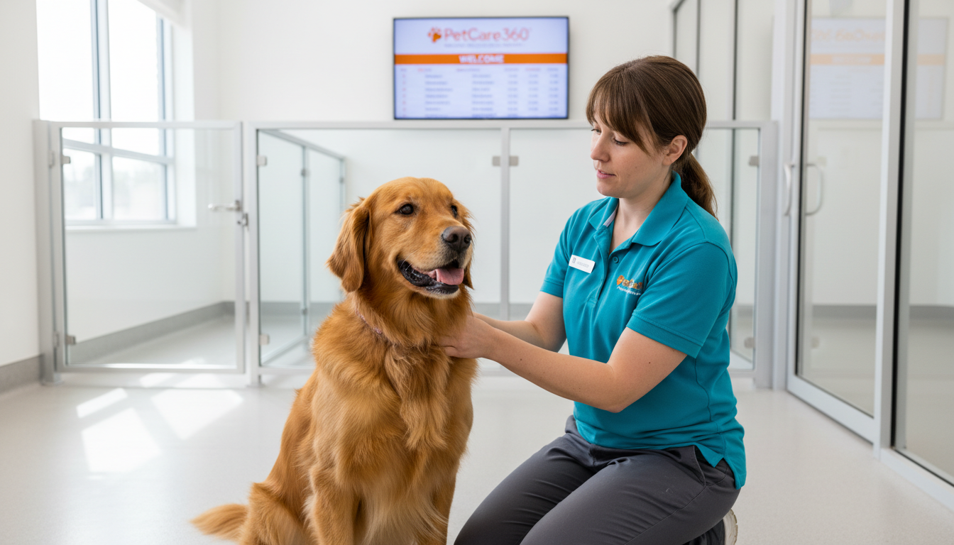 A 3-year-old golden retriever in a secure, modern boarding facility with a caring professional and clear PetCare360 branding.