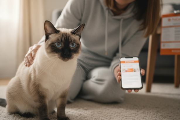 Siamese cat and caring provider in a Toronto home with sharp PetCare360 branding on smartphone.