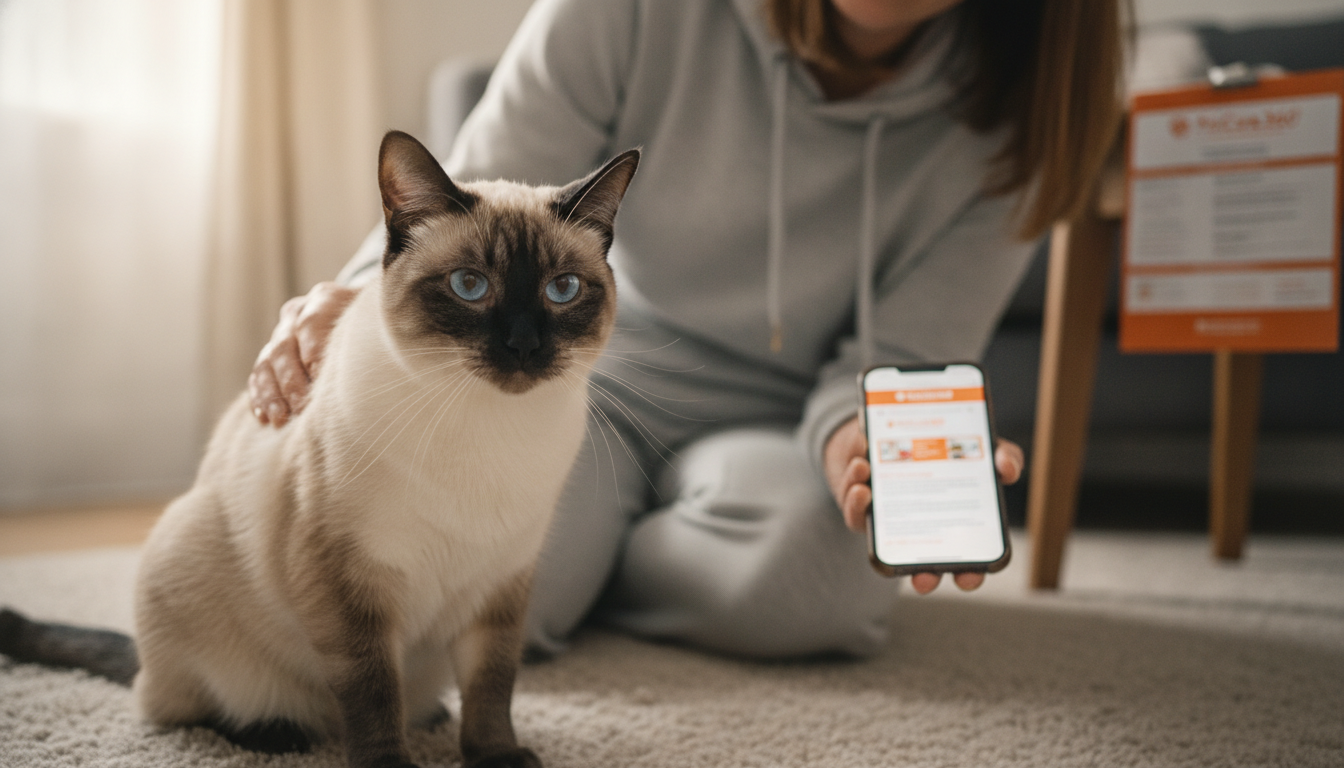 Siamese cat and caring provider in a Toronto home with sharp PetCare360 branding on smartphone.