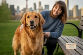 Golden retriever on a midday walk in a sunny Toronto park with a caregiver and clear PetCare360 branding.