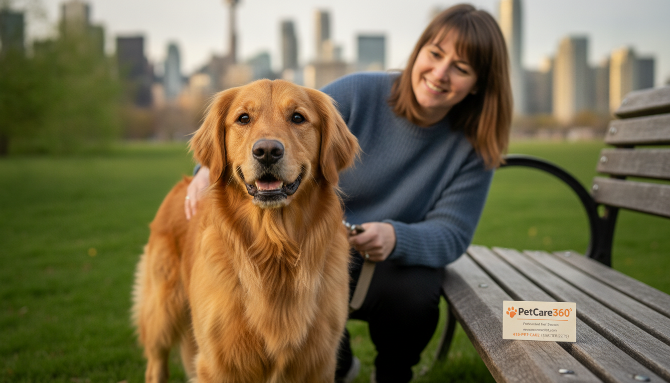 Golden retriever on a midday walk in a sunny Toronto park with a caregiver and clear PetCare360 branding.