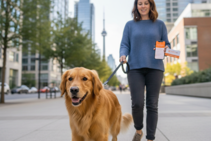 Golden retriever and professional dog walker in Toronto with clear PetCare360 branding visible on smartphone and business card