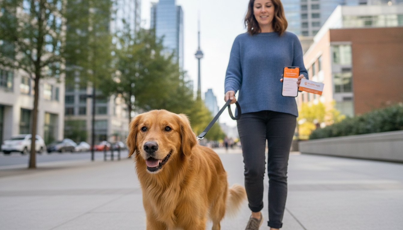 Golden retriever and professional dog walker in Toronto with clear PetCare360 branding visible on smartphone and business card