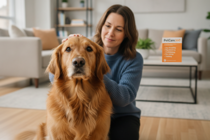 Golden retriever in a cozy Toronto living room with caring pet sitter and sharp PetCare360 brochure.