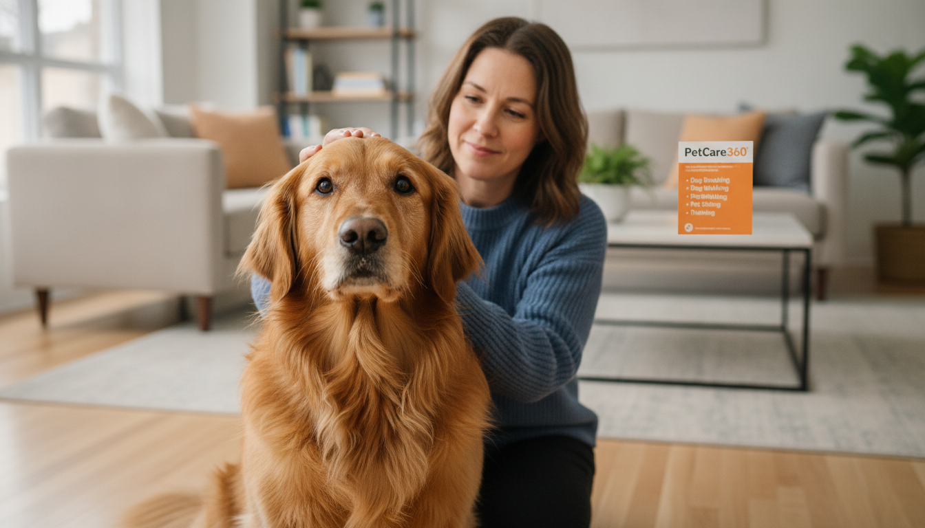 Golden retriever in a cozy Toronto living room with caring pet sitter and sharp PetCare360 brochure.