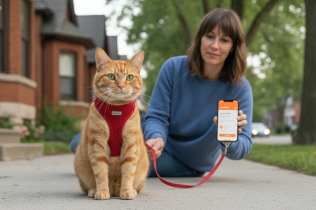 2-year-old orange tabby domestic shorthair cat on walk with a caring woman and sharp PetCare360 smartphone app in a Toronto neighbourhood.