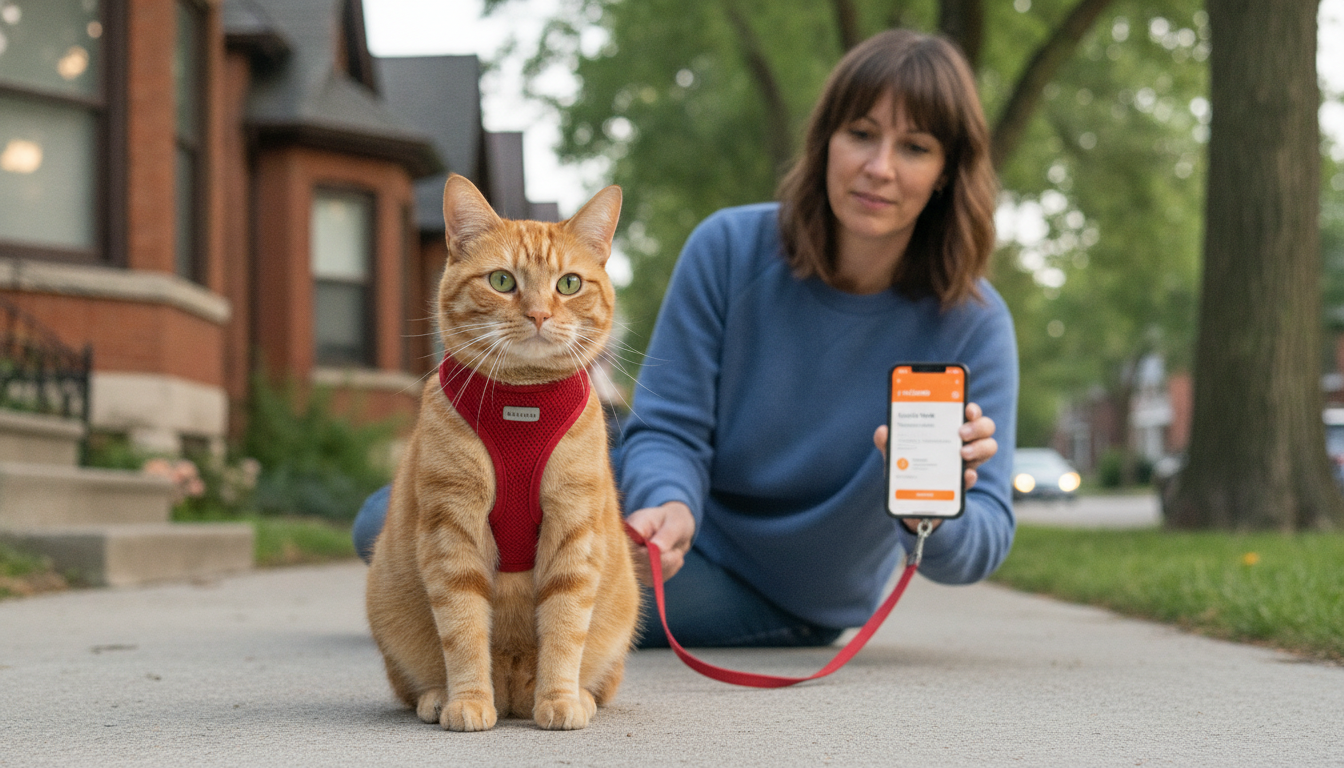 2-year-old orange tabby domestic shorthair cat on walk with a caring woman and sharp PetCare360 smartphone app in a Toronto neighbourhood.