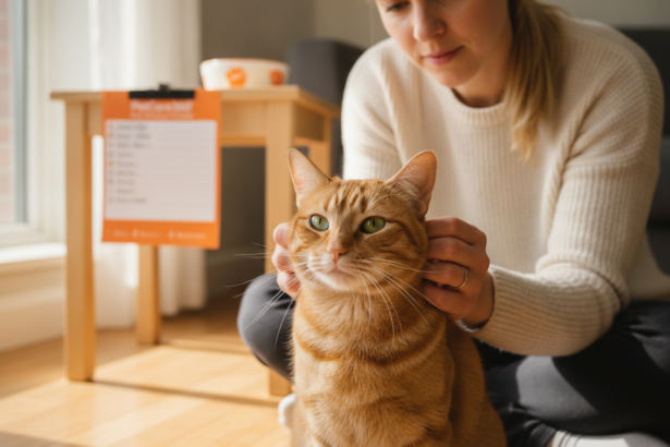 2-year-old orange tabby domestic shorthair cat with green eyes being cared for in a cozy Toronto home with PetCare360 checklist visible.