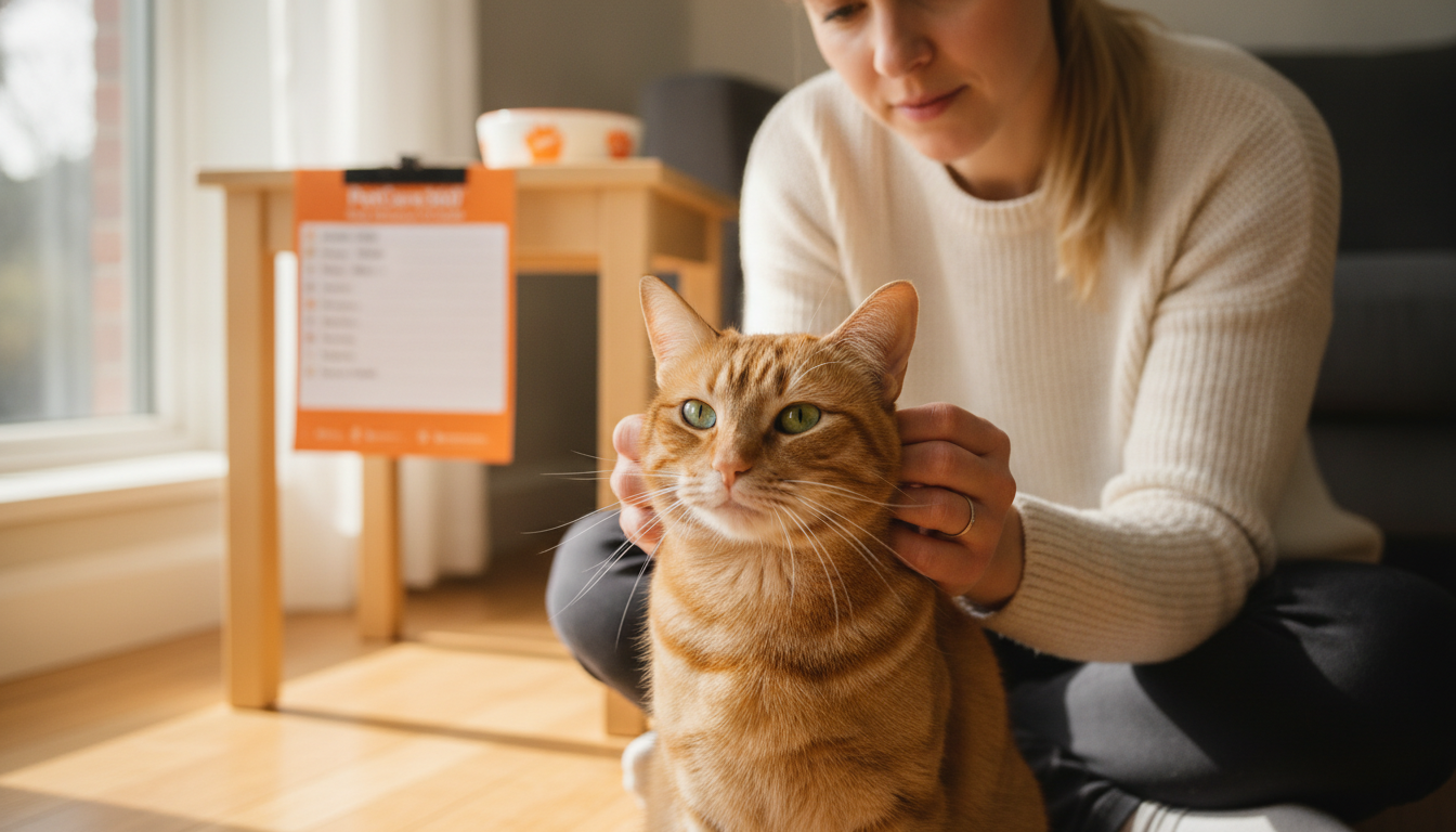 2-year-old orange tabby domestic shorthair cat with green eyes being cared for in a cozy Toronto home with PetCare360 checklist visible.