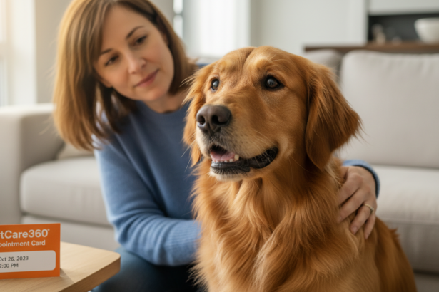 3-year-old golden retriever receiving gentle in-home care from a woman in a cozy Toronto living room with clear PetCare360 branding