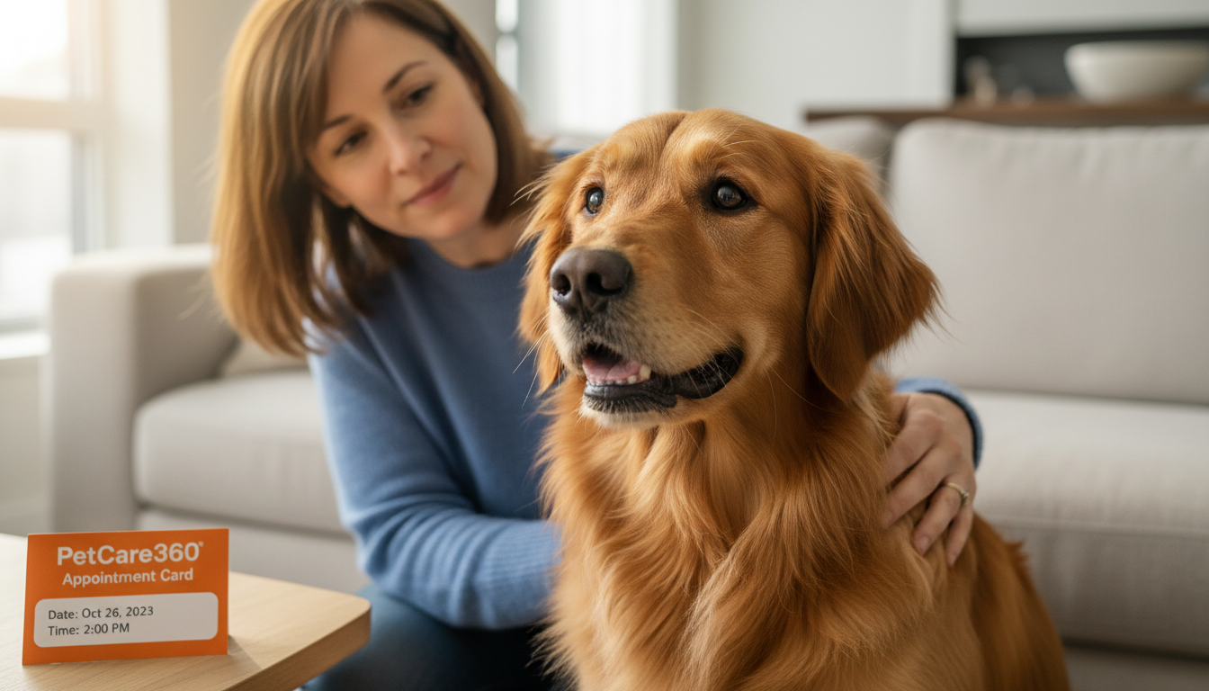 3-year-old golden retriever receiving gentle in-home care from a woman in a cozy Toronto living room with clear PetCare360 branding